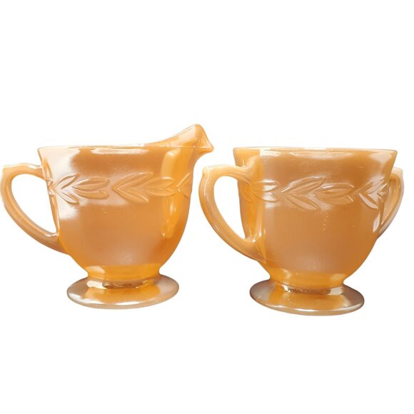 Vintage Anchor Hocking Creamer Open Sugar Bowl Peach Luster Fire King Glass USA - Picture 1 of 8